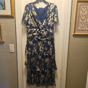 MSK Blue and Gold Tiered Midi Dress